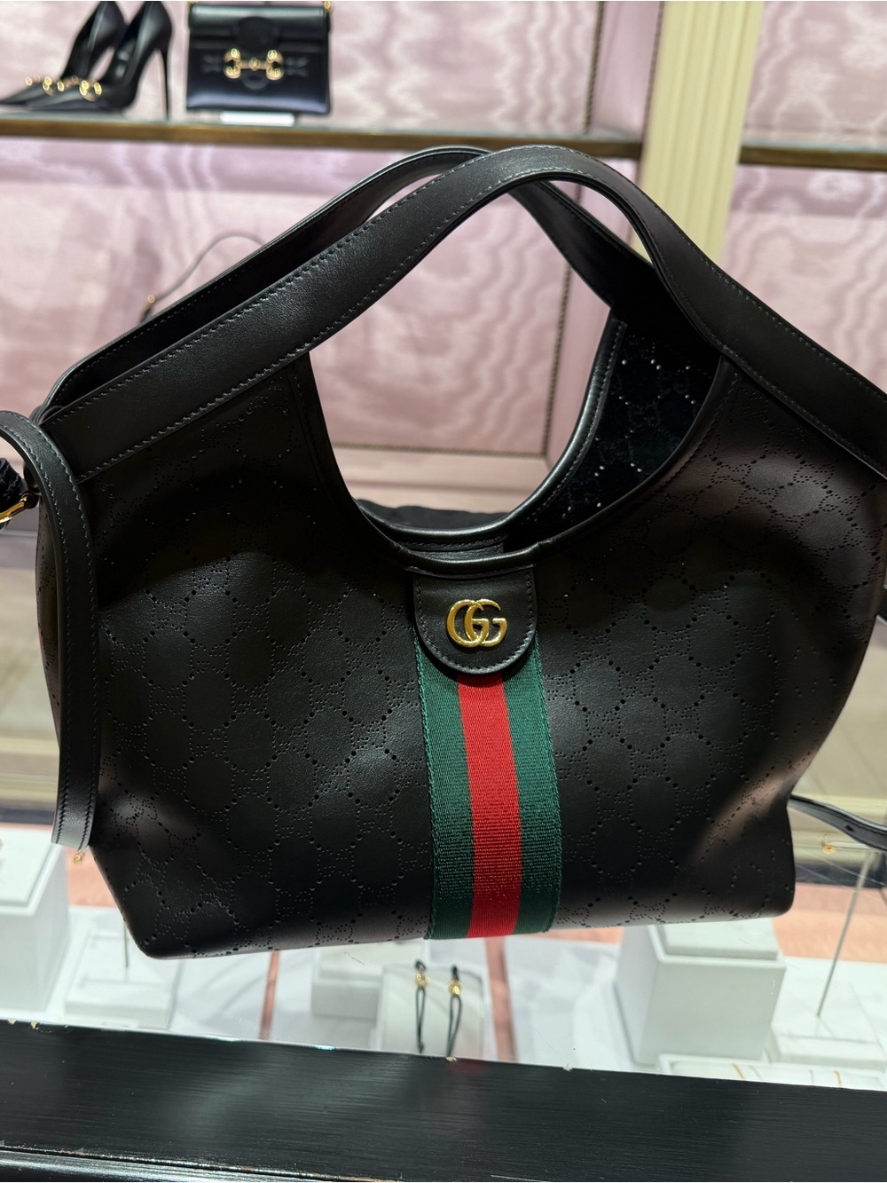 Gucci Black Leather Shoulder Bag with Green‑Red Web Stripe